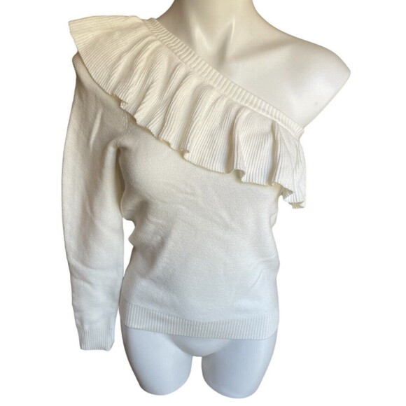NWT!‎ REBECCA MINKOFF SMALL WHITE RUFFLED ONE COLD SHOULDER SWEATER - Picture 1 of 10